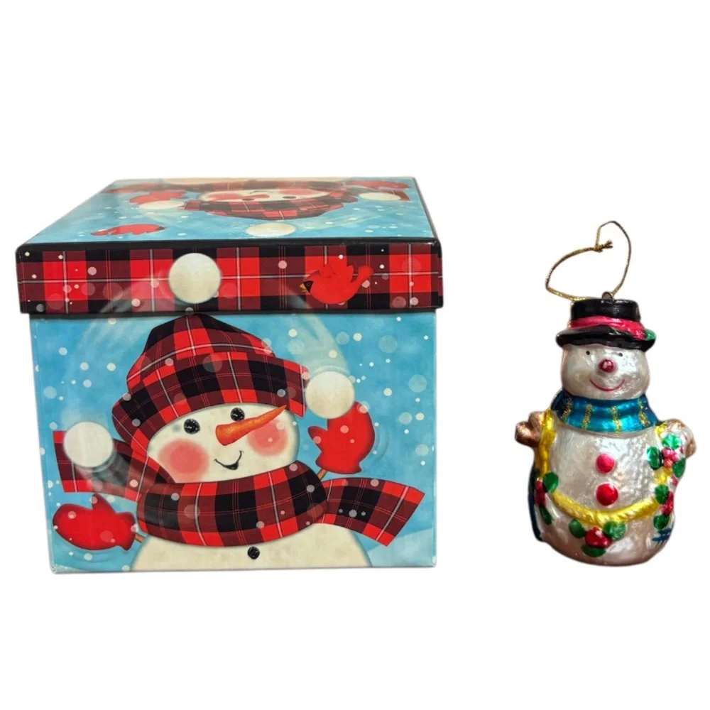 Snowman Glass Ornament Christmas Gift Box Set Collectible White Blue Red Gold